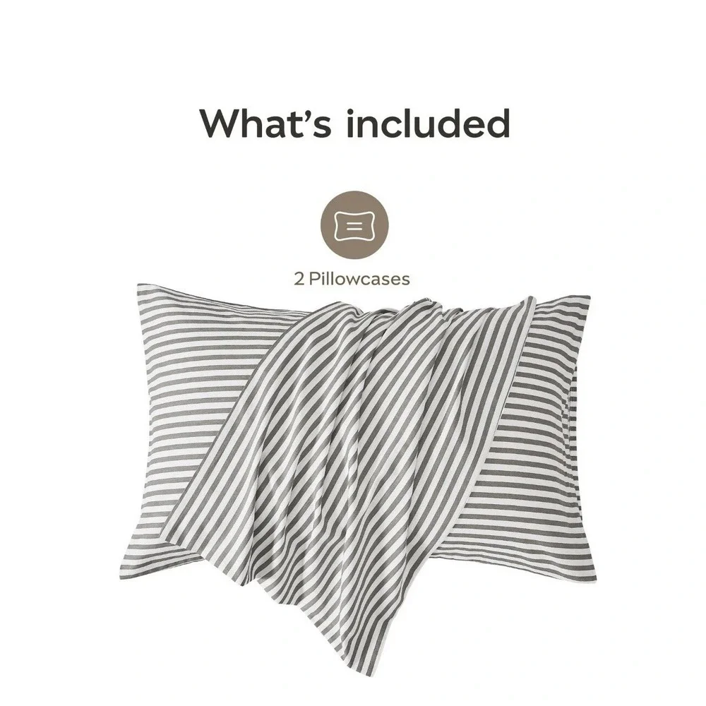 100% Natural Cotton Striped Standard Pillowcases Set 2 Pack White Khaki Jellymon
